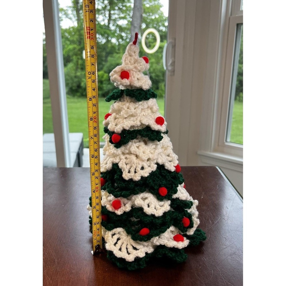 Vintage Crocheted Christmas Trees Green, White, Red Bows And Red Candle Handmade - Picture 10 of 10